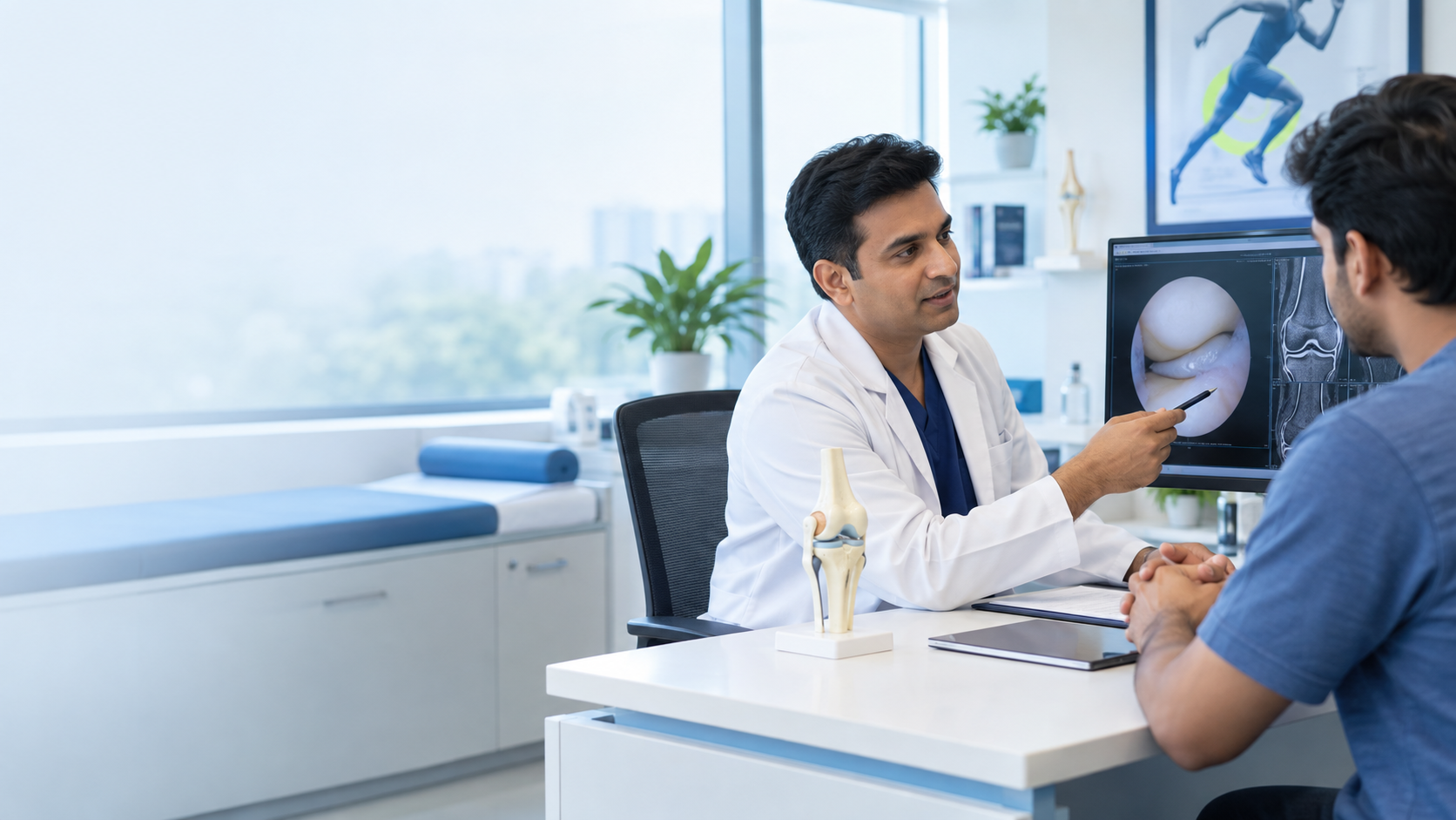 Arthroscopy specialist explaining knee joint imaging to a patient
