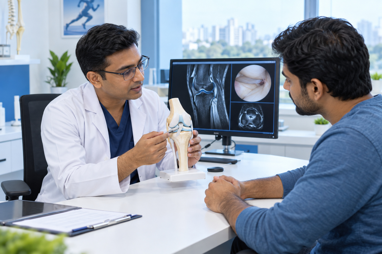 Knee arthroscopy consultation with knee joint model