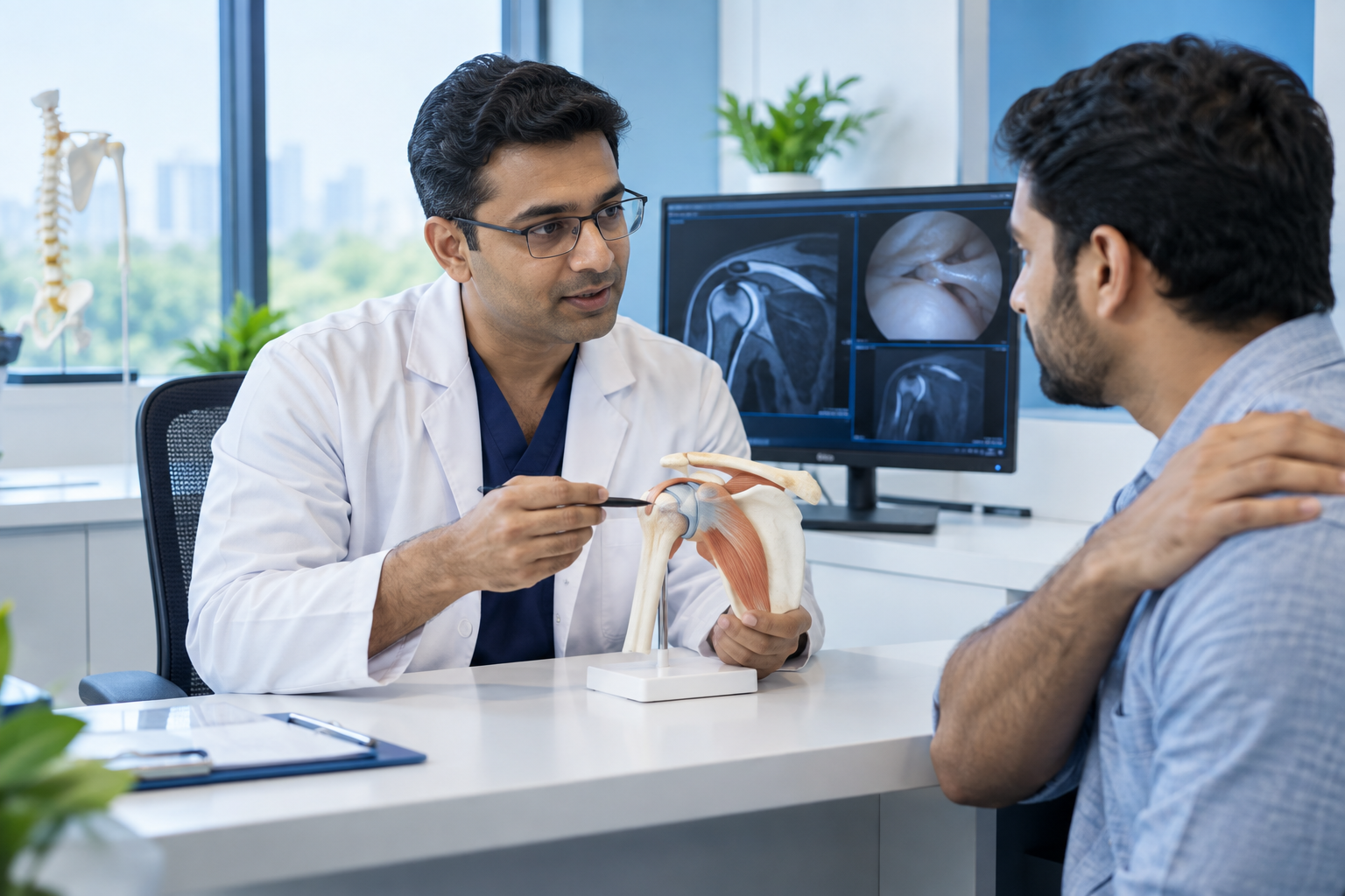 Shoulder arthroscopy consultation with shoulder joint model