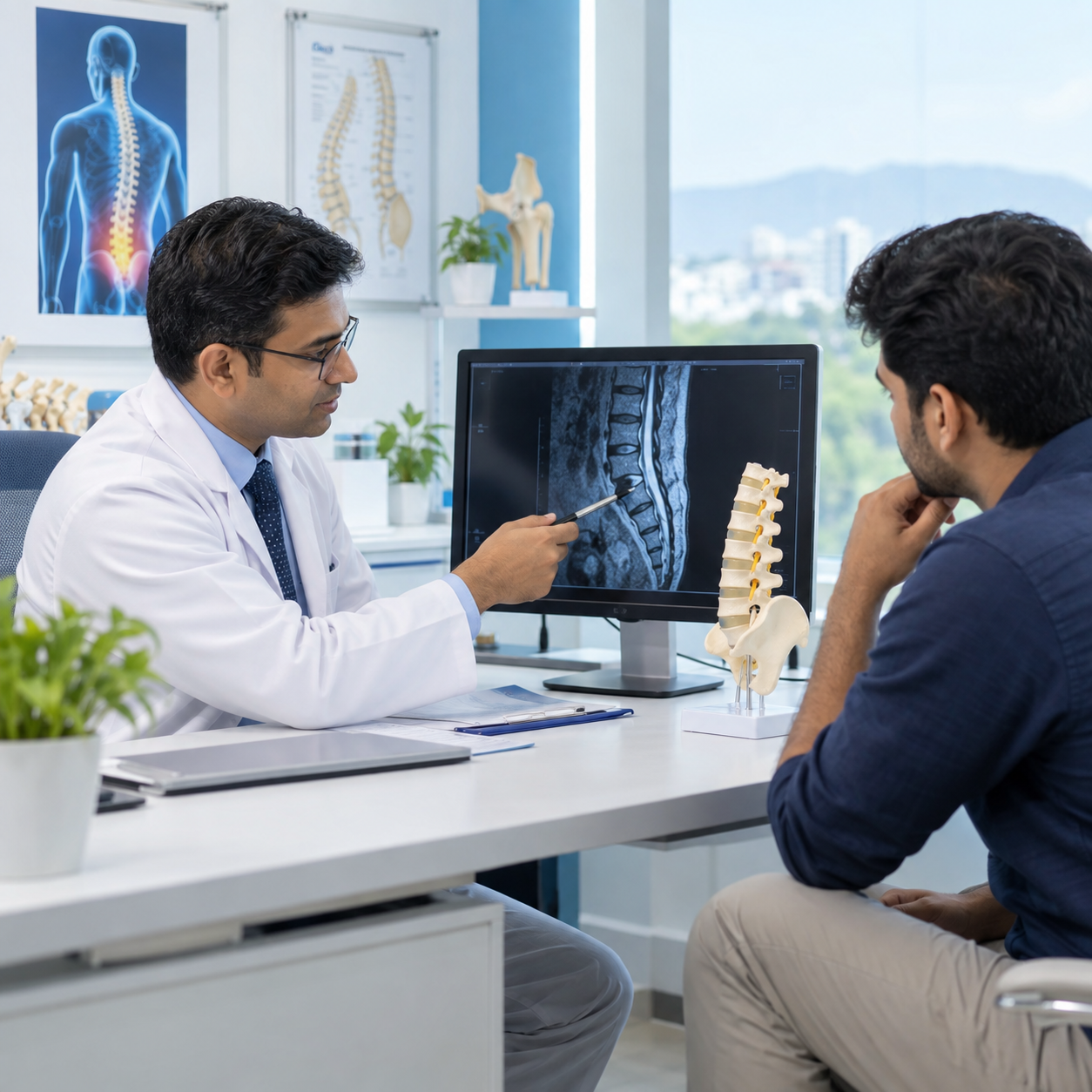 Back pain diagnosis consultation with spine imaging review