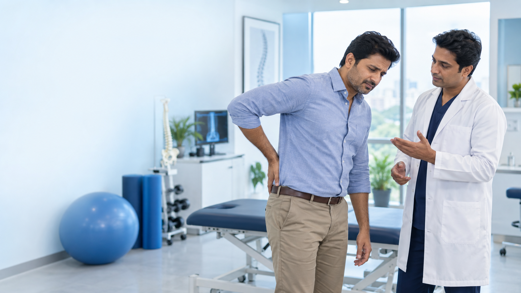 Back pain doctor examining a patient in a premium physiotherapy clinic