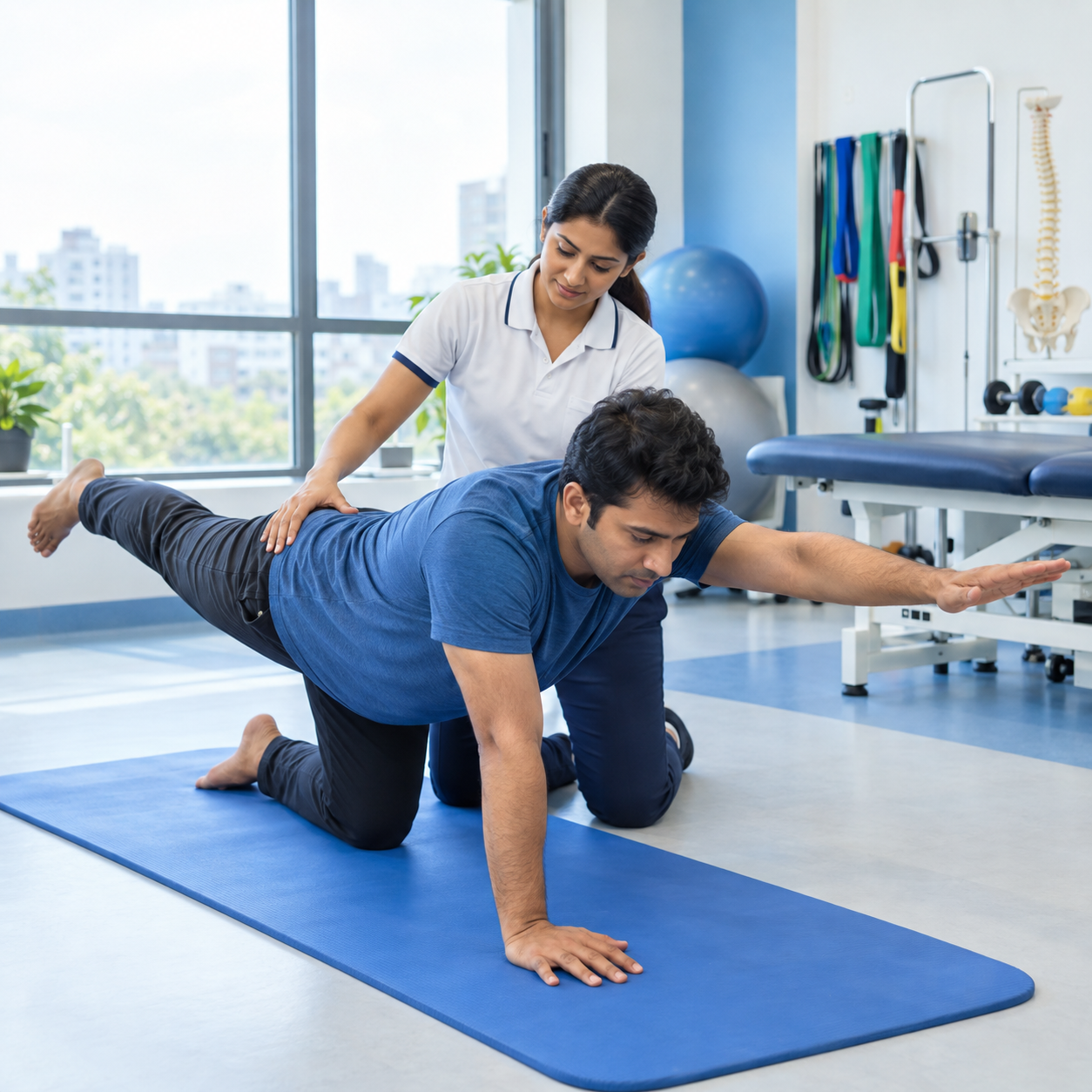 Back pain physiotherapy exercise guided by therapist