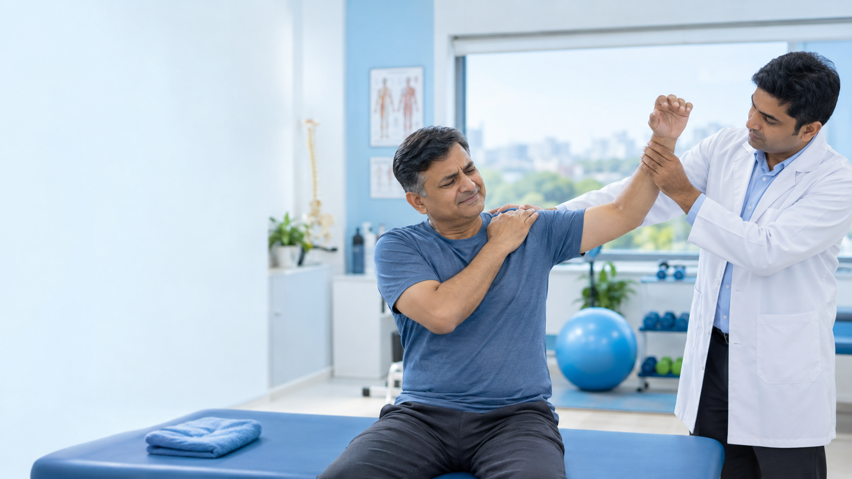 Frozen shoulder treatment consultation with shoulder range assessment