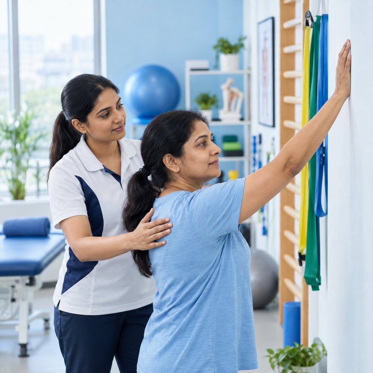 Physiotherapist guiding frozen shoulder exercise