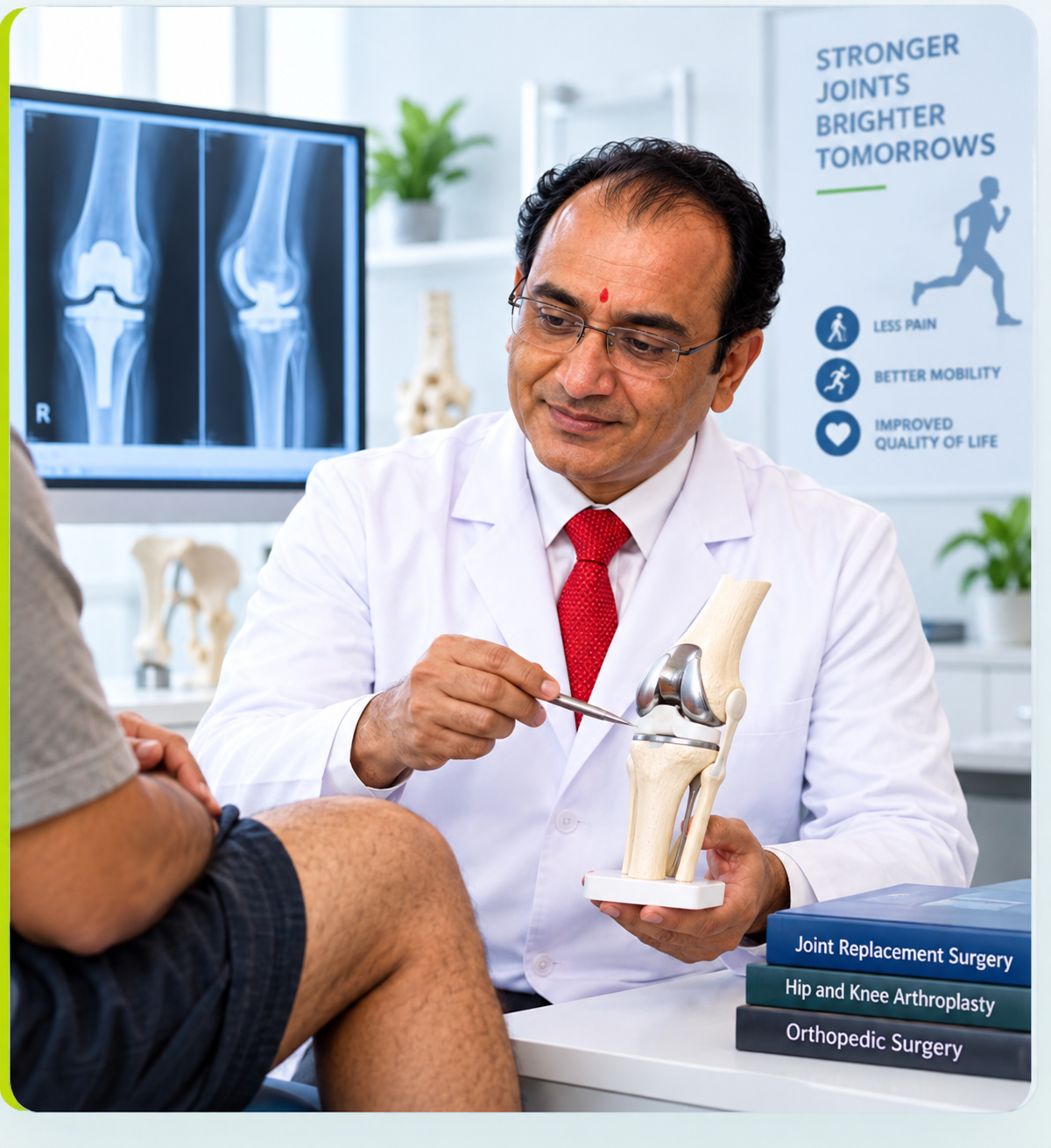 Joint replacement surgery diagram showing knee and hip implants