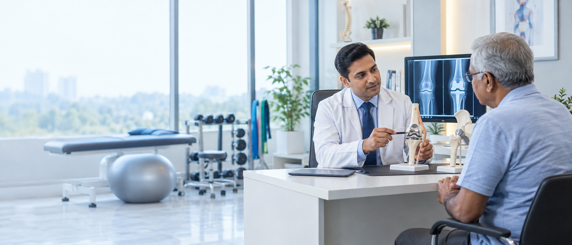 Joint replacement surgeon consultation with knee implant model
