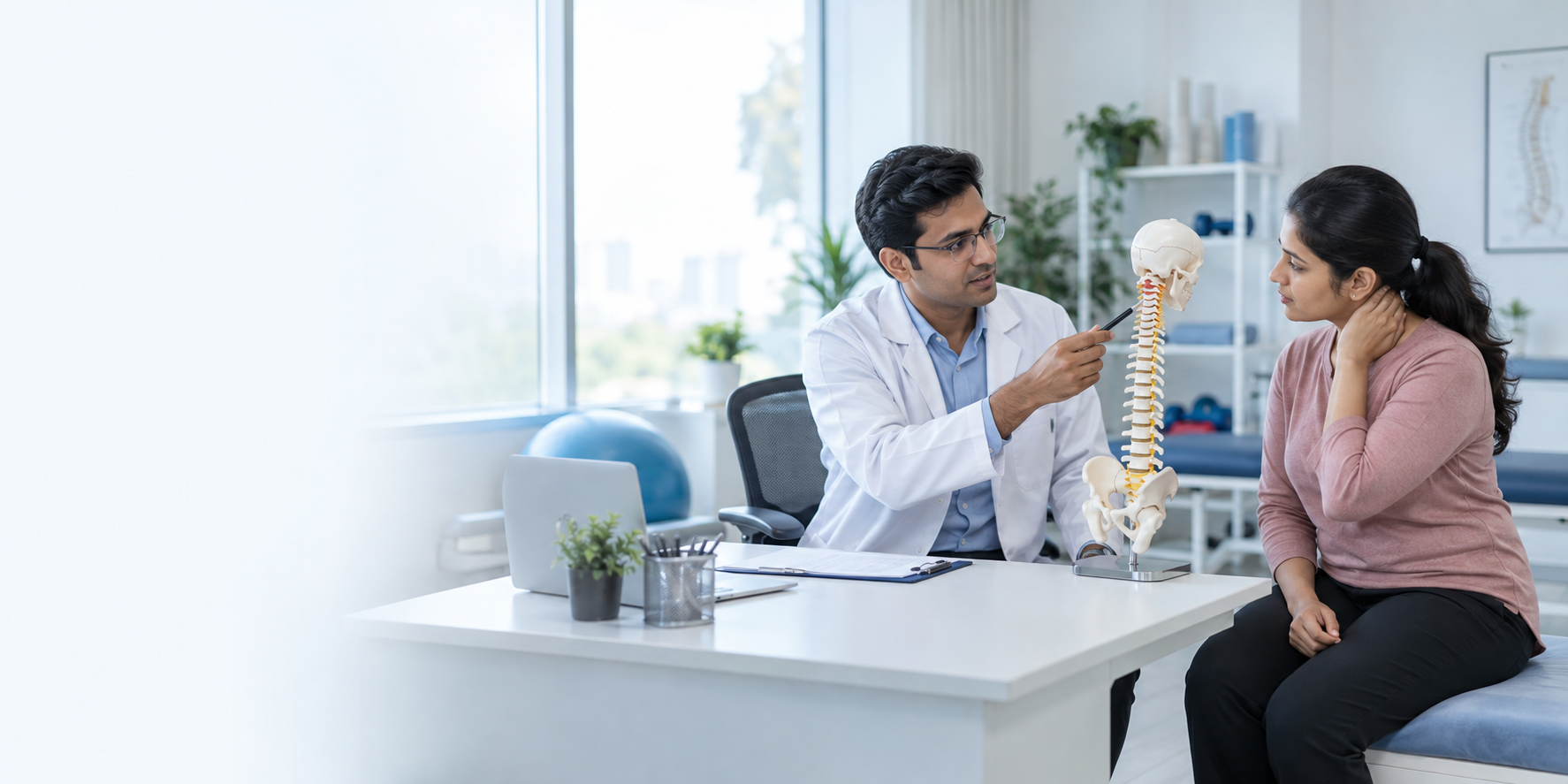 Neck pain consultation with cervical spine explanation