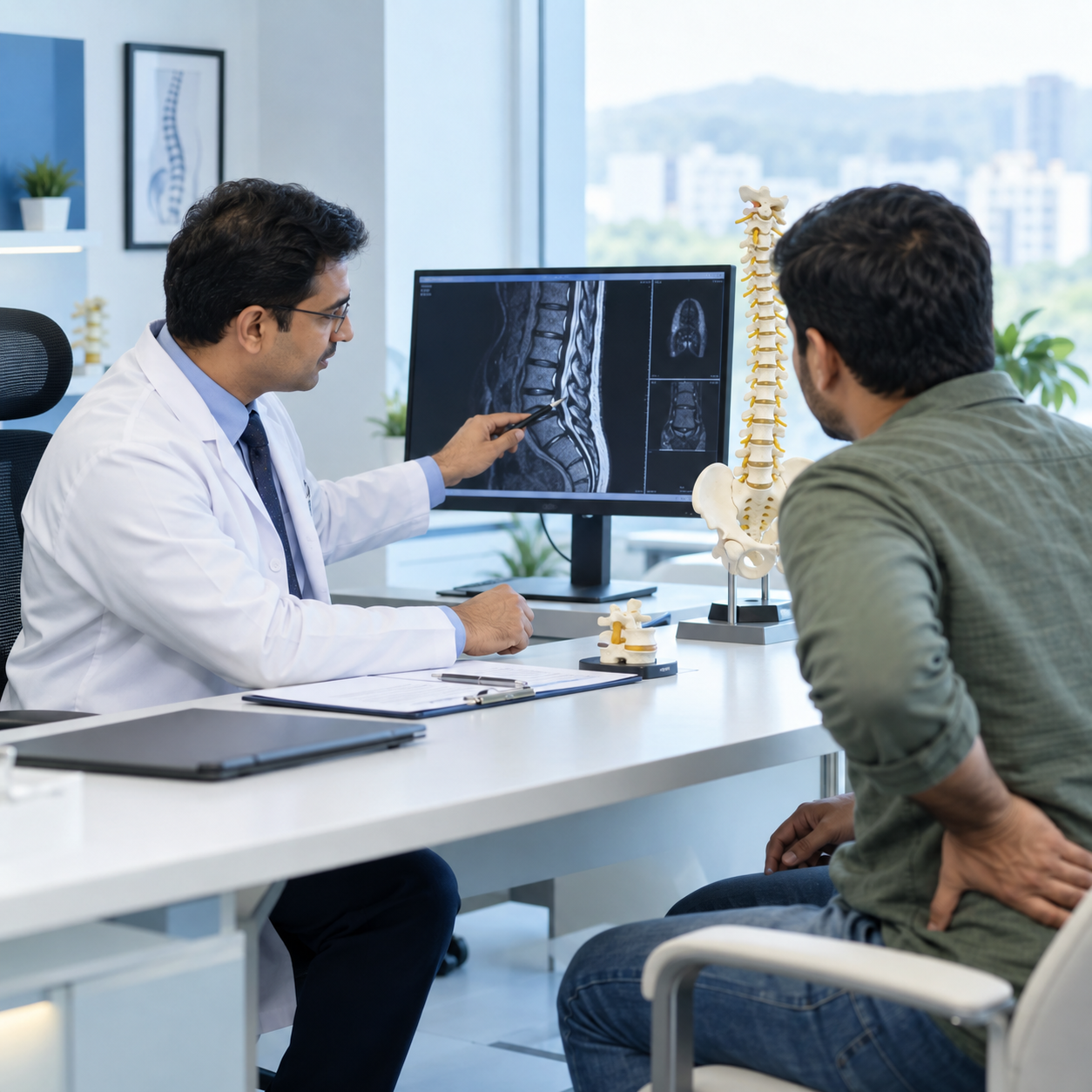 Doctor reviewing lumbar spine imaging for sciatica diagnosis