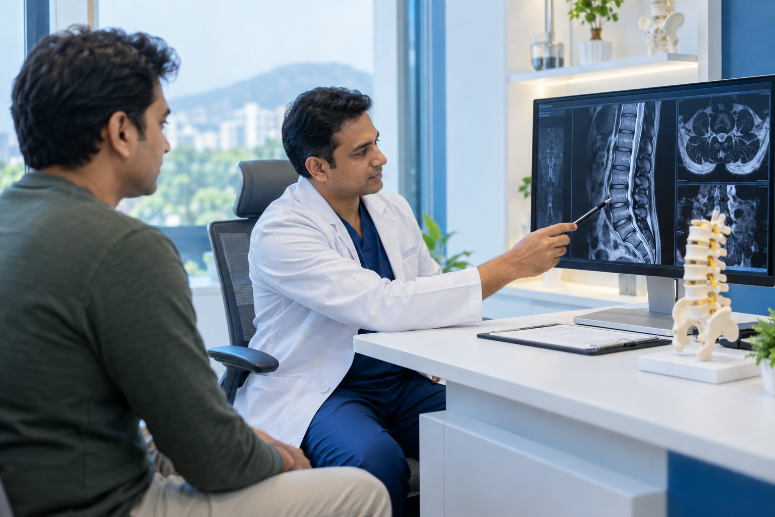 Spine specialist reviewing lumbar imaging during diagnosis