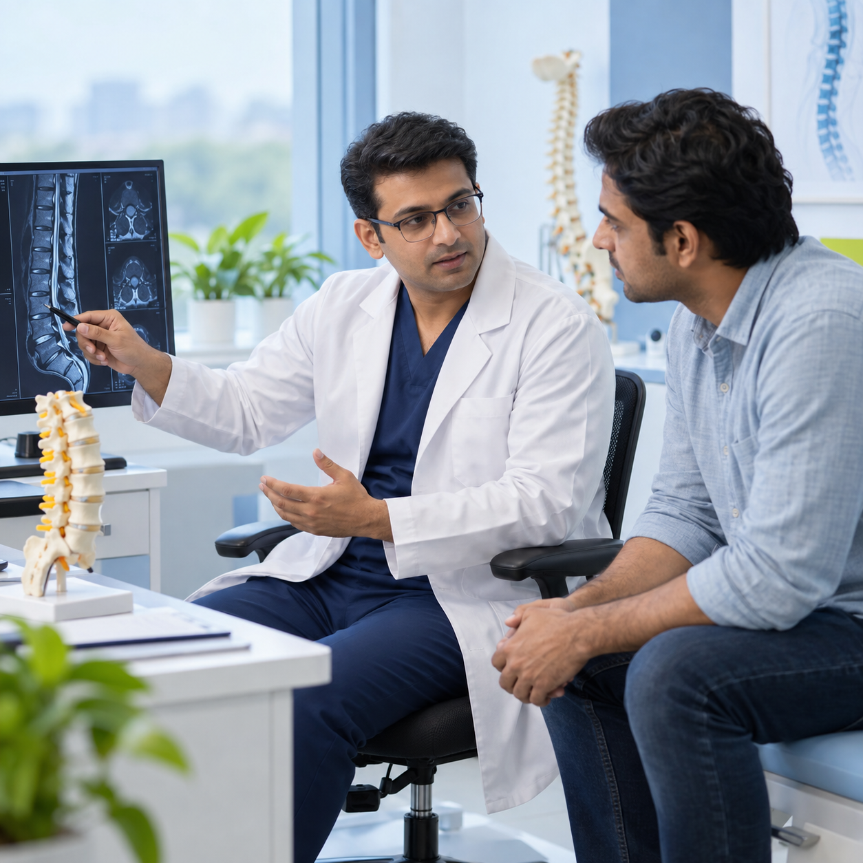 Orthopedic spine specialist reviewing spine imaging with a patient