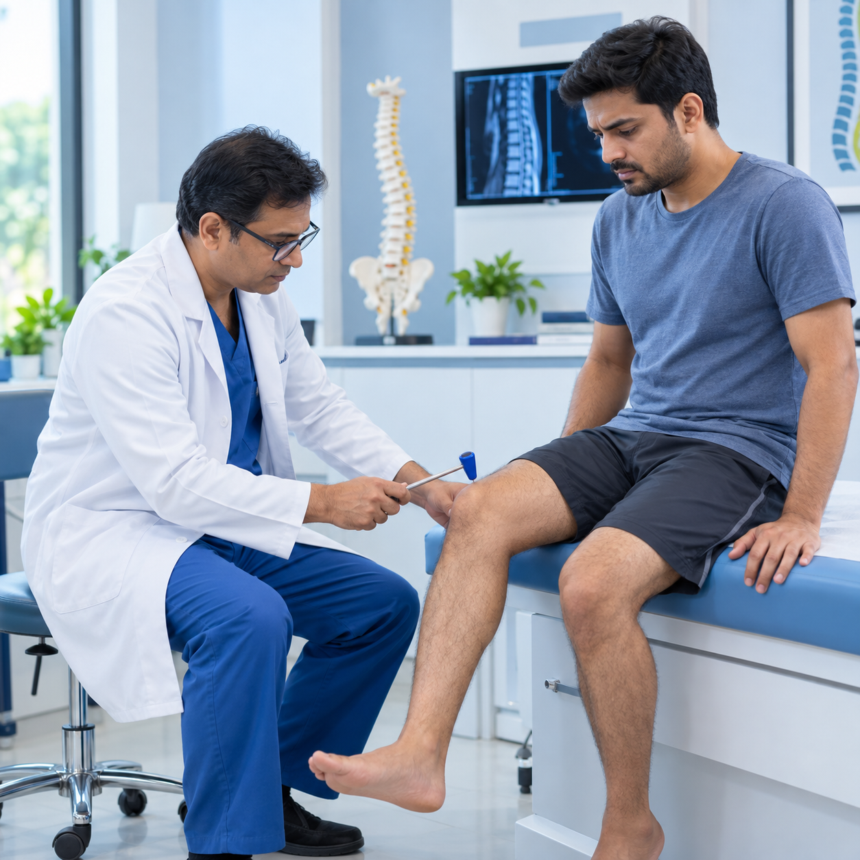 Orthopedic spine specialist checking leg reflexes during red flag evaluation