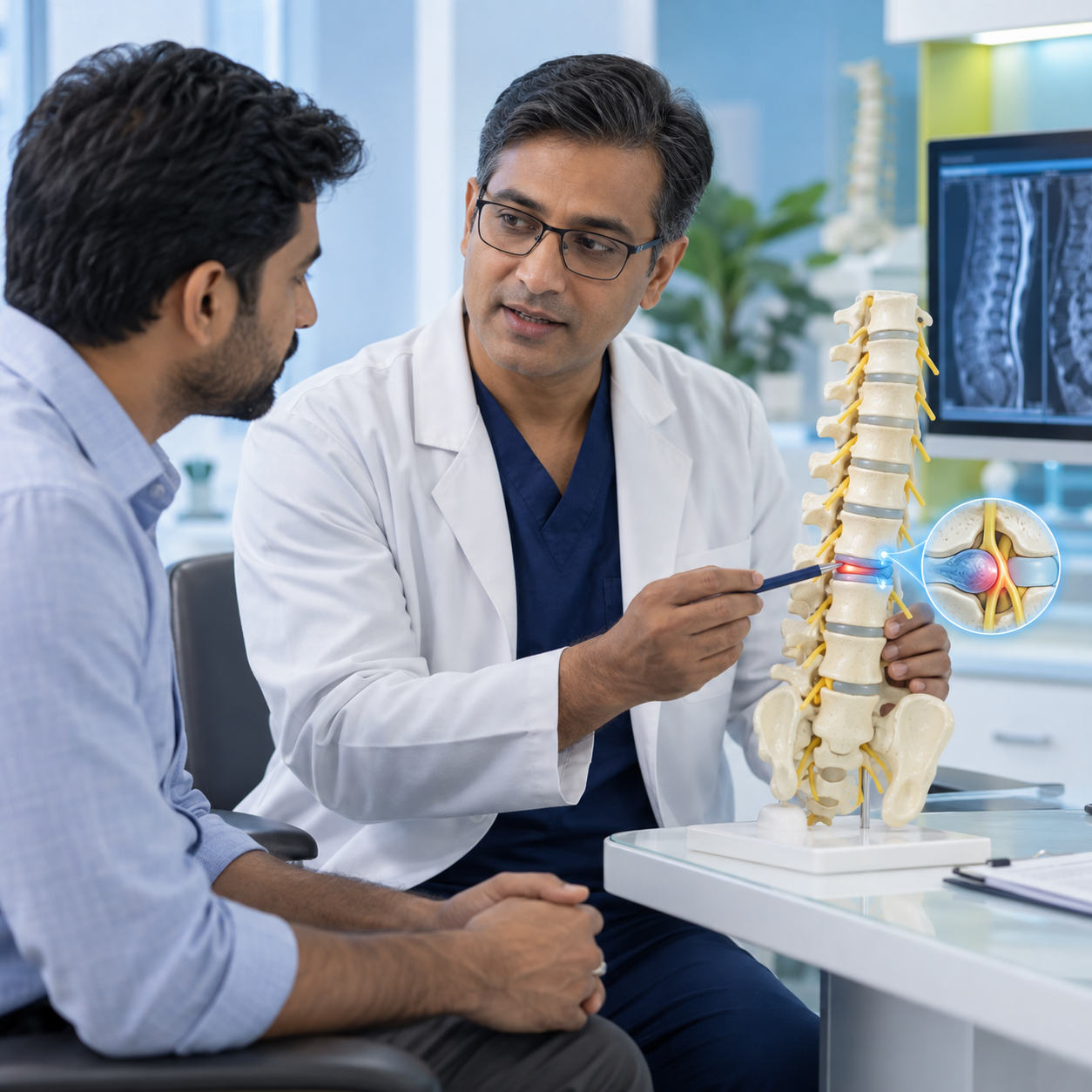 Orthopedic spine specialist explaining a herniated lumbar disc using a spine model