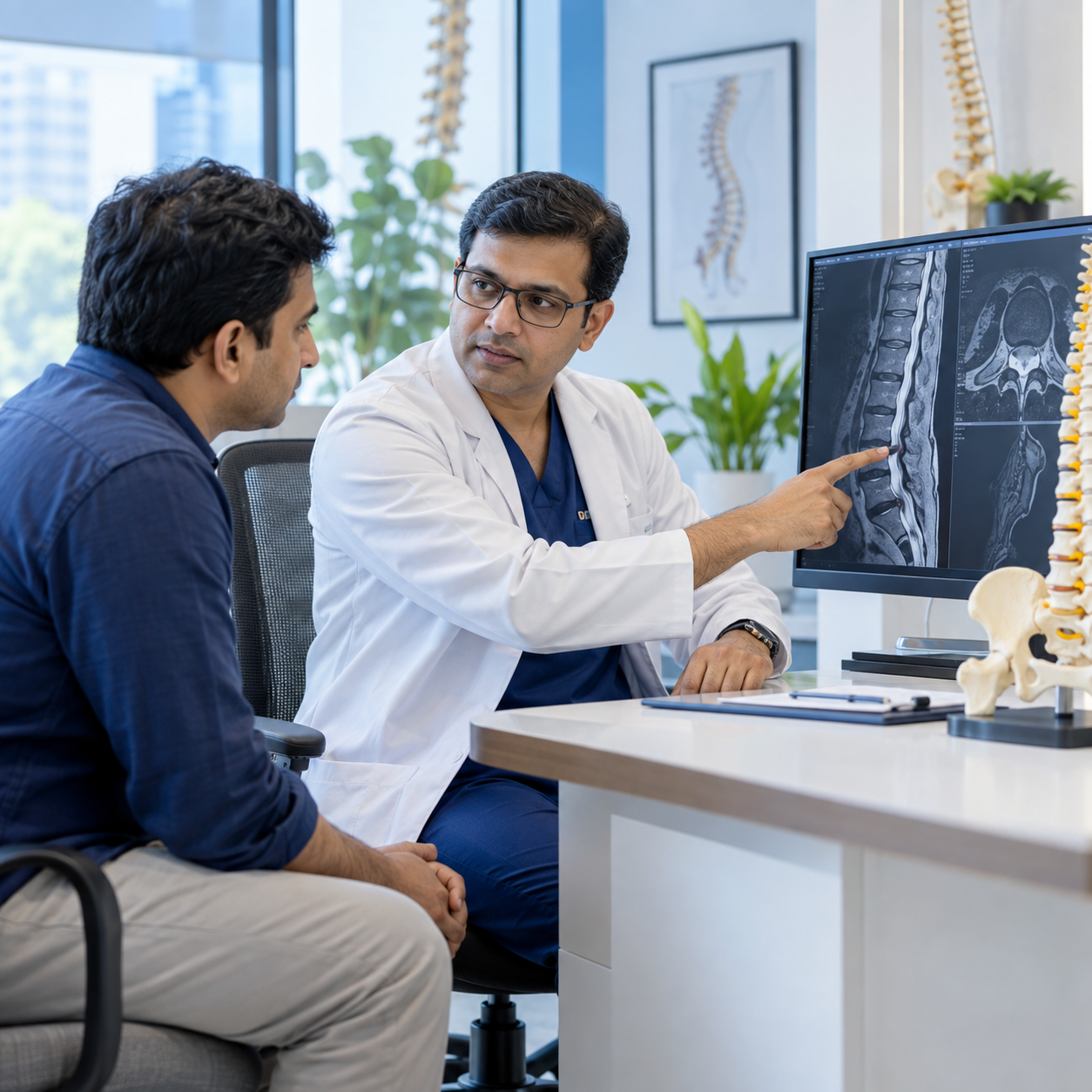 Spine specialist reviewing MRI before spinal disc surgery decision