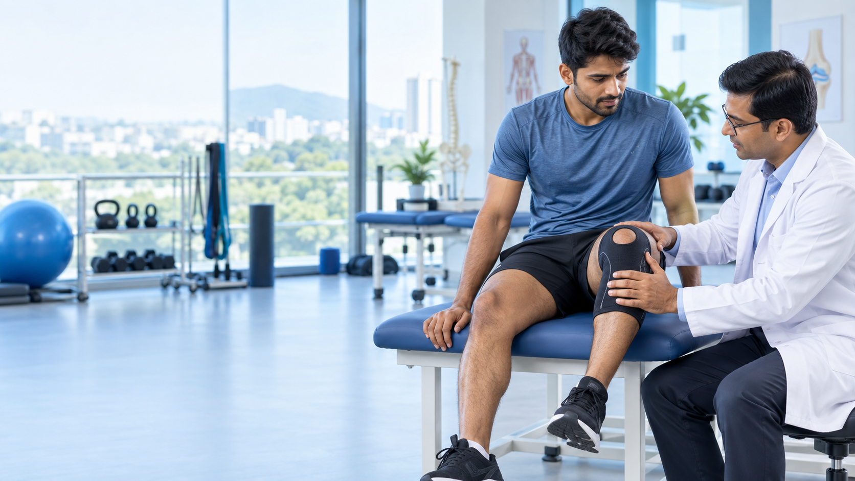Sports injury doctor examining knee injury in a premium rehab clinic