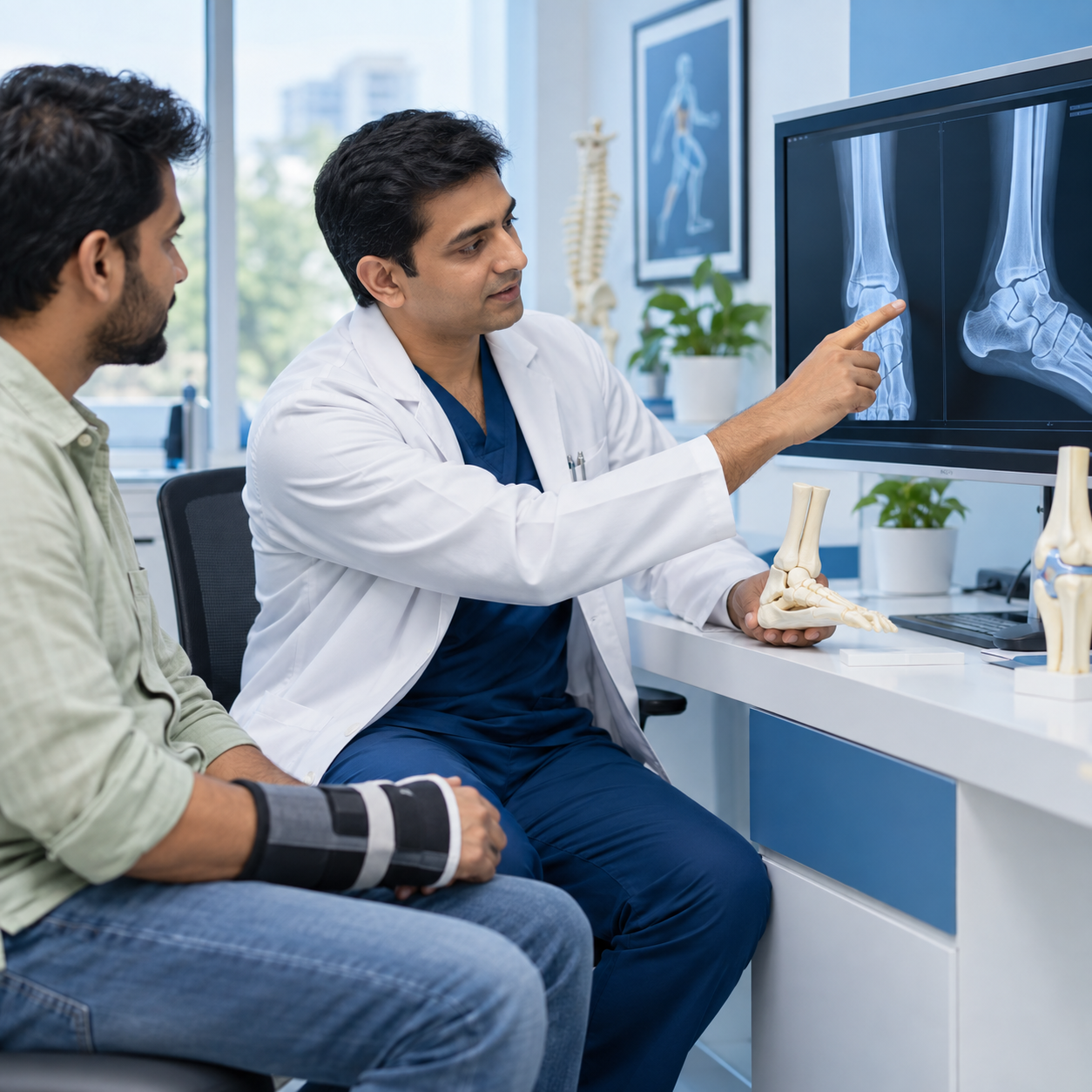 Orthopedic doctor reviewing digital X-ray after trauma injury